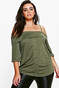 Boohoo Plus Georgie Button Front Bardot Strap Top