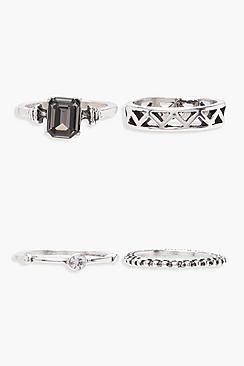 Boohoo Sophia Diamante Gem Rings 4 Pack