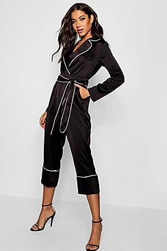 Boohoo Pyjama Style Satin Belted Culotte Jumpsuit