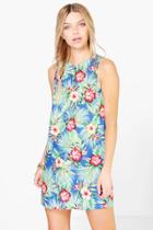 Boohoo Sophia Tropical Print Sleeveless Shift Dress Blue