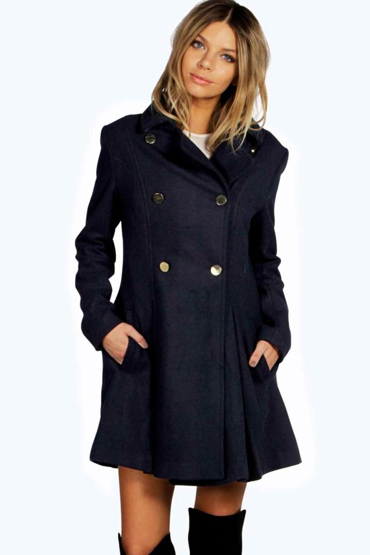 Boohoo Sara Military Fit And Flare Coat Navy
