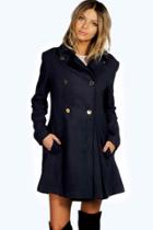 Boohoo Sara Military Fit And Flare Coat Navy