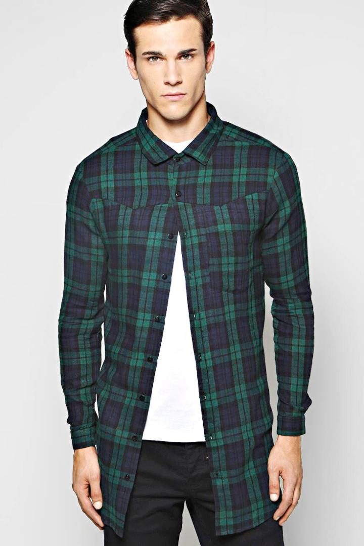 Boohoo Western Style Longline Flannel Shirt Green