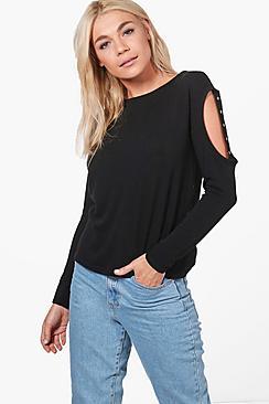 Boohoo Sophie Eyelet Cold Shoulder Knitted Top
