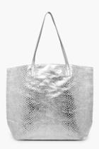 Boohoo Caroline Metallic Snake Print Beach Bag Silver