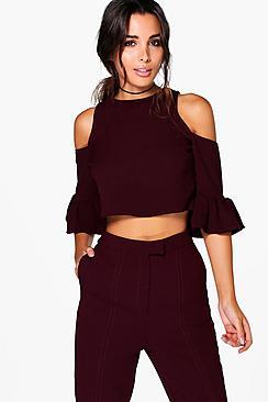 Boohoo Sarah Ruffle Cold Shoulder Woven Top