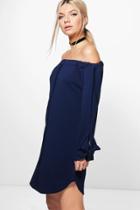 Boohoo Amelie Off Shoulder Tie Sleeve Shift Dress Navy