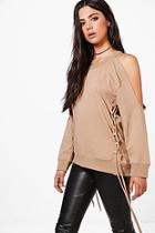 Boohoo Maria Lace Up Cold Shoulder Sweatshirt