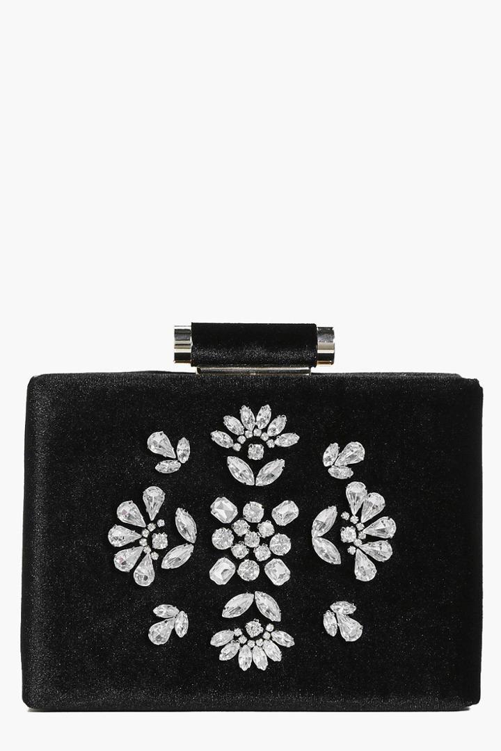 Boohoo Esme Boutique Embellished Velvet Clutch Bag Black