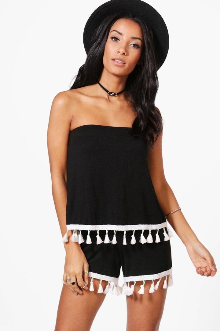 Boohoo Skye Tassle Trim Bandeau Playsuit Black