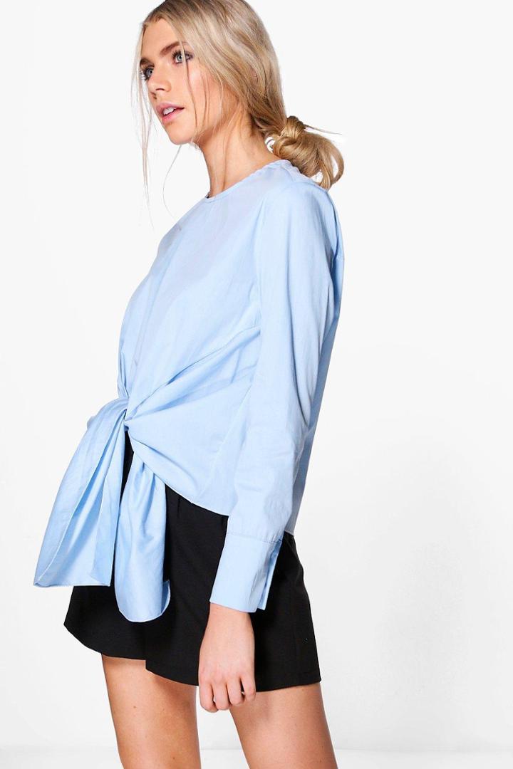 Boohoo Lydia Knot Front Long Sleeve Woven Shirt Blue