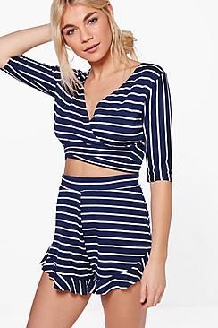 Boohoo Lottie Stripe Wrap Crop & Frill Short Co-ord Set