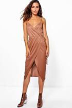 Boohoo Beth Tie Wrap Ribbed Midi Dress Mocha