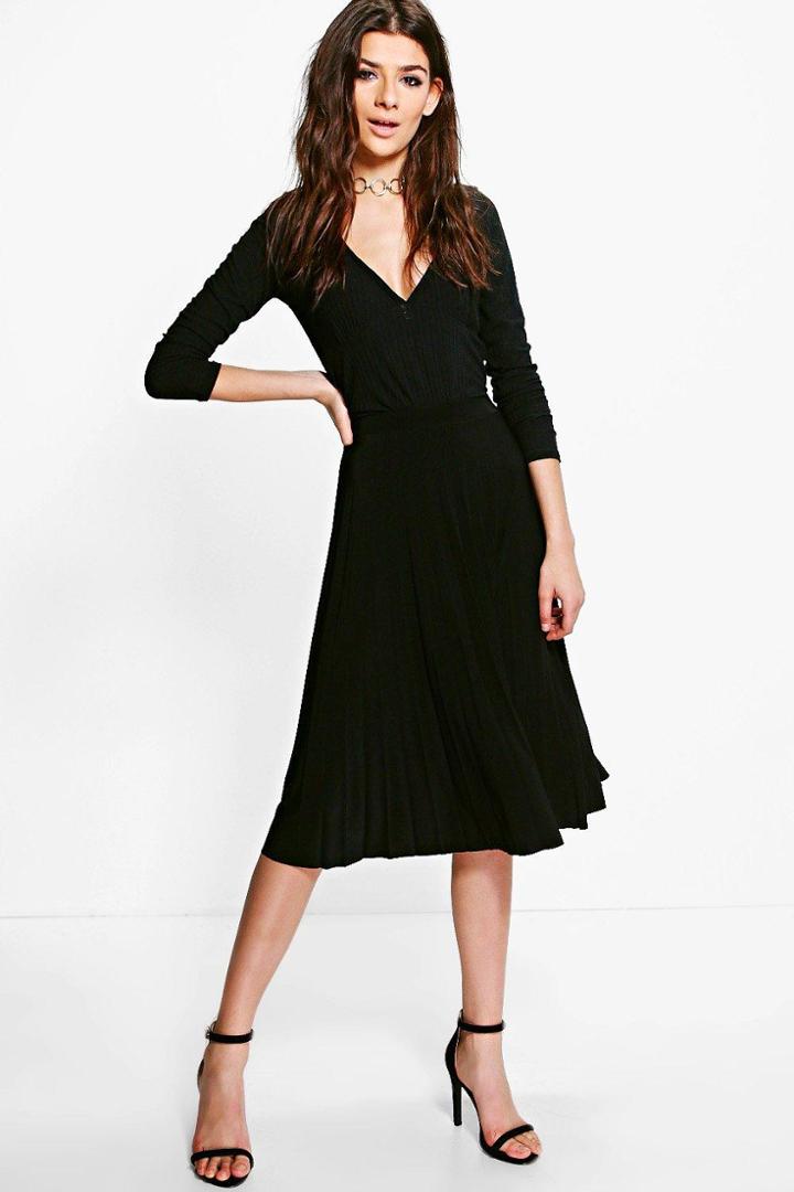 Boohoo Geneva Pleated Slinky Midi Skirt Black