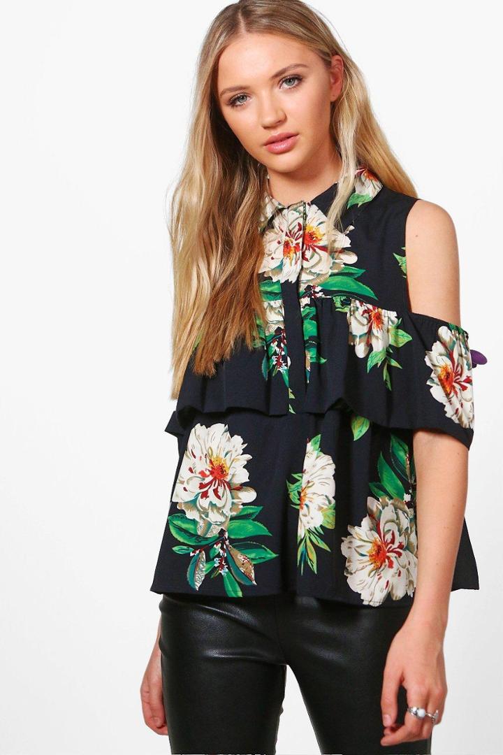 Boohoo Harriet Cold Shoulder Ruffle Blouse Black