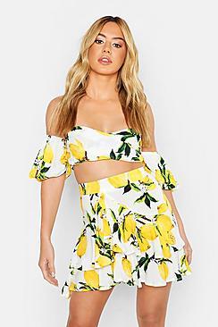 Boohoo Petite Lemon Print Volume Bardot Top