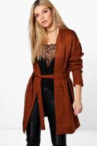 Boohoo Laura Edge To Edge Belted Cardigan Chocolate