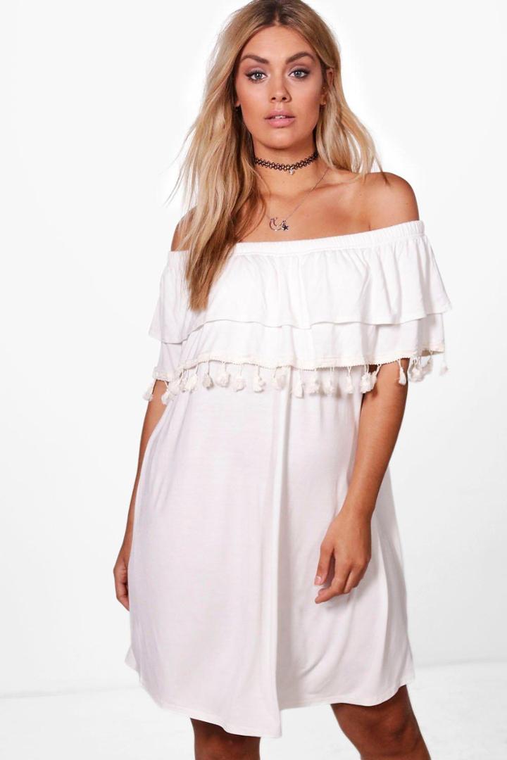 Boohoo Plus Elle Off The Shoulder Double Layer Tassel Dress Ivory
