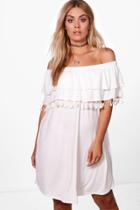 Boohoo Plus Elle Off The Shoulder Double Layer Tassel Dress Ivory