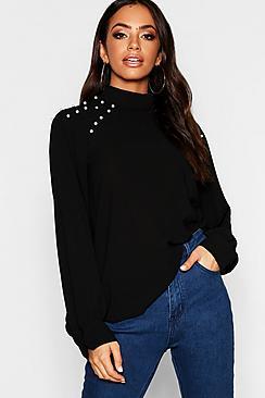 Boohoo Pearl Detail Turtle Neck Blouse