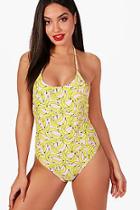 Boohoo Maldives Banana Print Lace Up Back Swimsuit