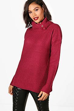 Boohoo Darcy Roll Neck Slouchy Button Detail Jumper