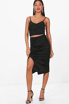 Boohoo Heather Rouched Split Front Slinky Midi Skirt