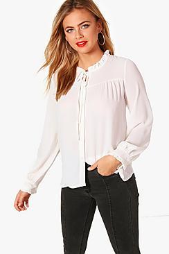 Boohoo Lucy Tie Neck Ruffle Detail Shirt