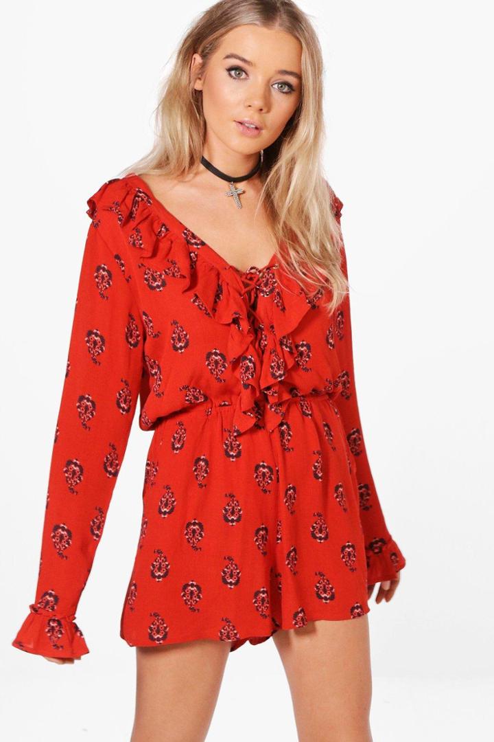 Boohoo Ruth Ruffle Front Playsuit Orange