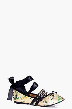 Boohoo Sophie Floral Print Ribbon Lace Up Ballet