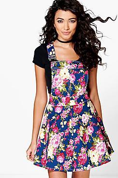 Boohoo Casey Floral Print Denim Pinafore