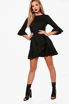 Boohoo Maddie Ruffle Detail Belted Skater Dress