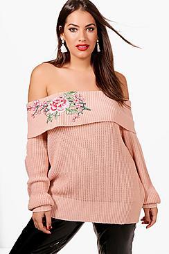 Boohoo Plus Ellie Embroidered Bardot Jumper