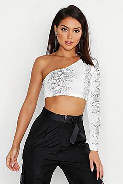 Boohoo White Snake One Shoulder Crop Top
