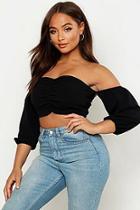 Boohoo Crepe Ruched Off The Shoulder Crop Top