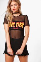 Boohoo Petite Emma Live Fast Slogan Mesh T-shirt Black