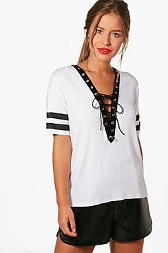 Boohoo Petite Lara Lace Up Stripe Sleeve T-shirt