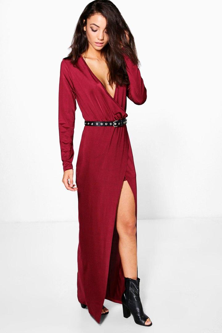 Boohoo Tall Rachelle Wrap Front Slinky Maxi Dress Raspberry