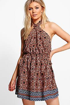 Boohoo Petite Fiona Halterneck Printed Skater Dress