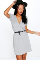 Boohoo Jessie Cap Sleeve Wrap Skater Dress Grey