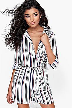 Boohoo Adelle Striped Shirt Style Tie Side Playsuit