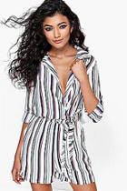 Boohoo Adelle Striped Shirt Style Tie Side Playsuit