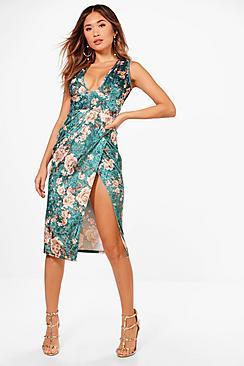 Boohoo Di Floral Velvet High Split Bodycon Midi Dress