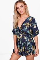 Boohoo Astra Floral Kimono Sleeve Playsuit Navy