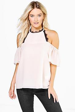 Boohoo Enya Woven Lace Trim Halter Cami