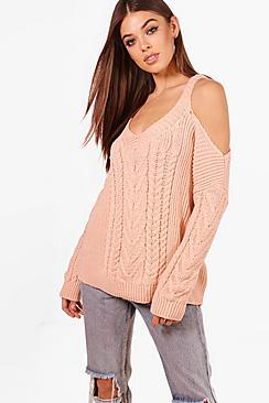 Boohoo Phoebe Cable Knit Cold Shoulder Jumper