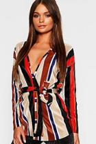Boohoo Plisse Striped Kimono Wrap Top