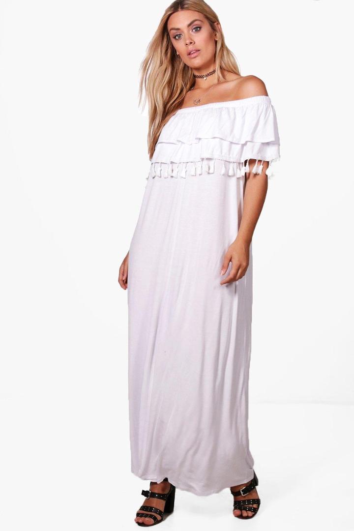Boohoo Plus Liza Double Layer Tassel Trim Maxi Dress White