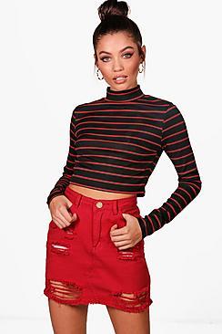 Boohoo Jenny Rib Stripe Turtle Neck Crop