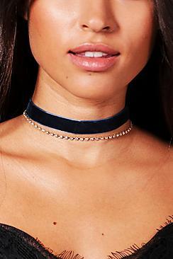 Boohoo Diamante And Velvet Choker 2 Pk